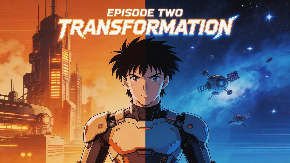 Episode Two: Transformation — an 80s-anime pilot in an orange and blue exosuit against a neon city and a starfield.