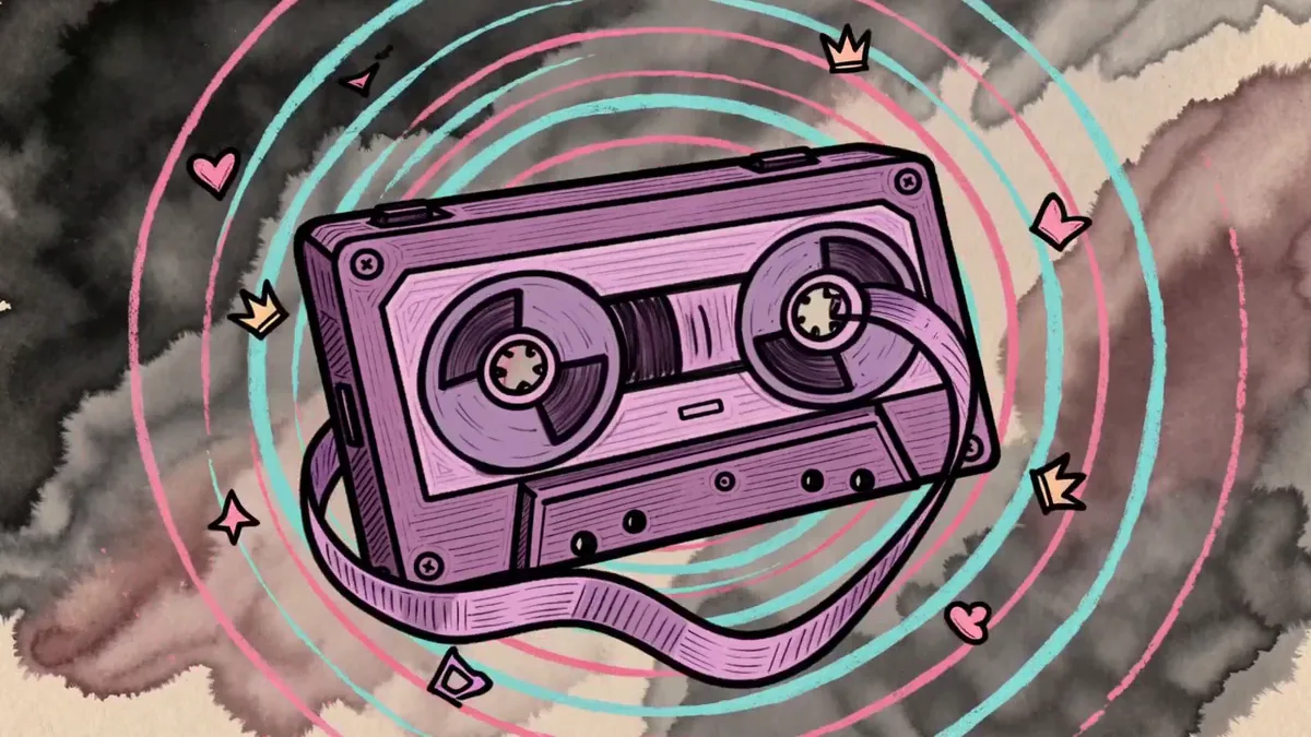 A purple cassette tape drawn in thick marker, ringed by cyan and pink spirals on smoky paper.