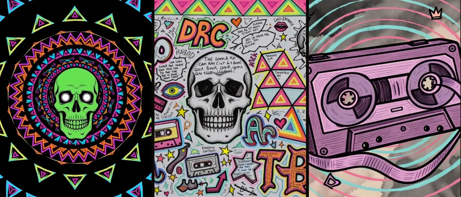 Three stills from the film: a neon mandala around a green skull, a hand inking a world map, and a purple cassette in a spiral of colour.