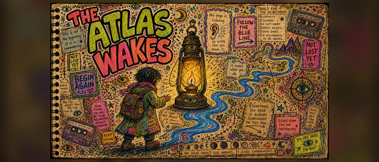 A dense hand-drawn journal page titled 'The Atlas Wakes': a child holding a lantern, a winding blue thread, and hand-lettered notes crowding every margin.