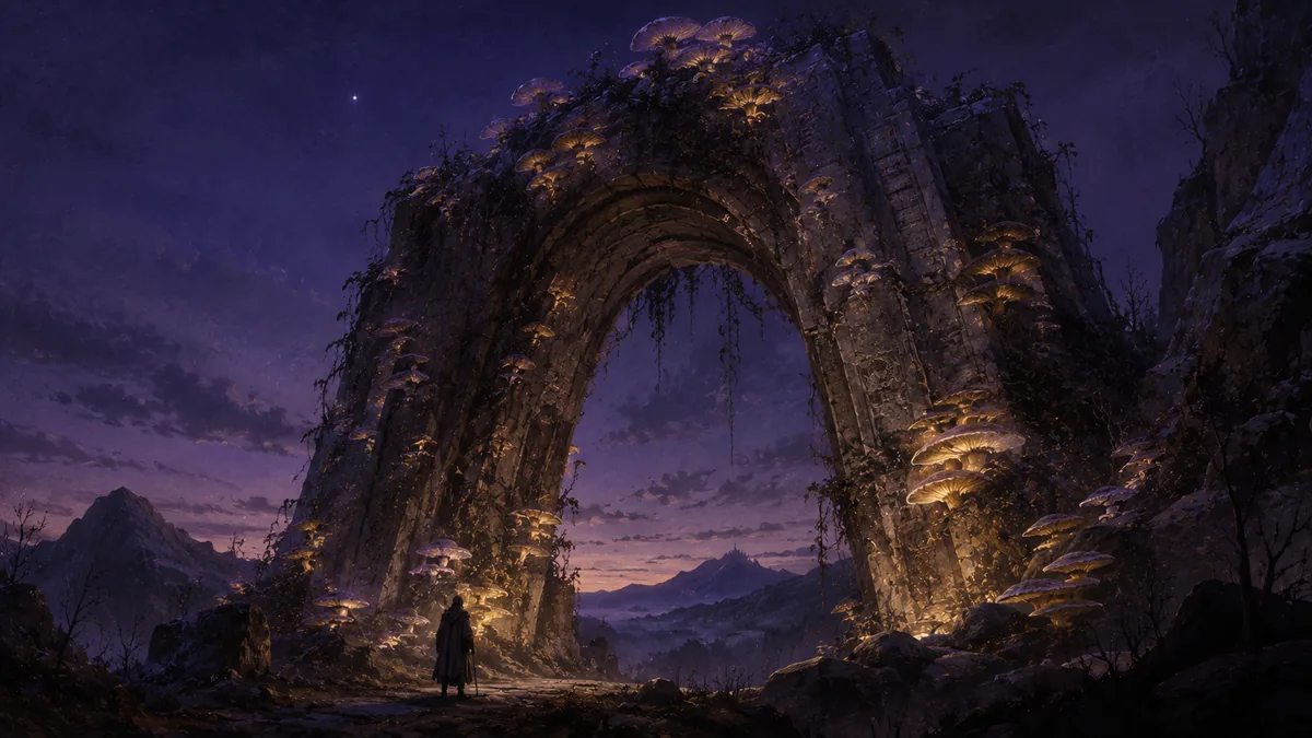 A vast ruined stone arch lit from within at dusk, a lone traveller dwarfed beneath it.