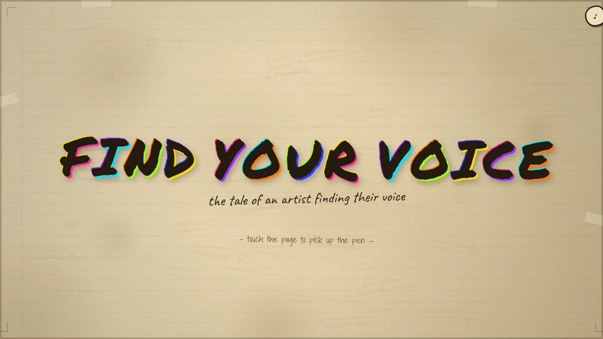 The title 'FIND YOUR VOICE' hand-lettered in thick black marker with rainbow shadows on aged, faintly ruled paper.