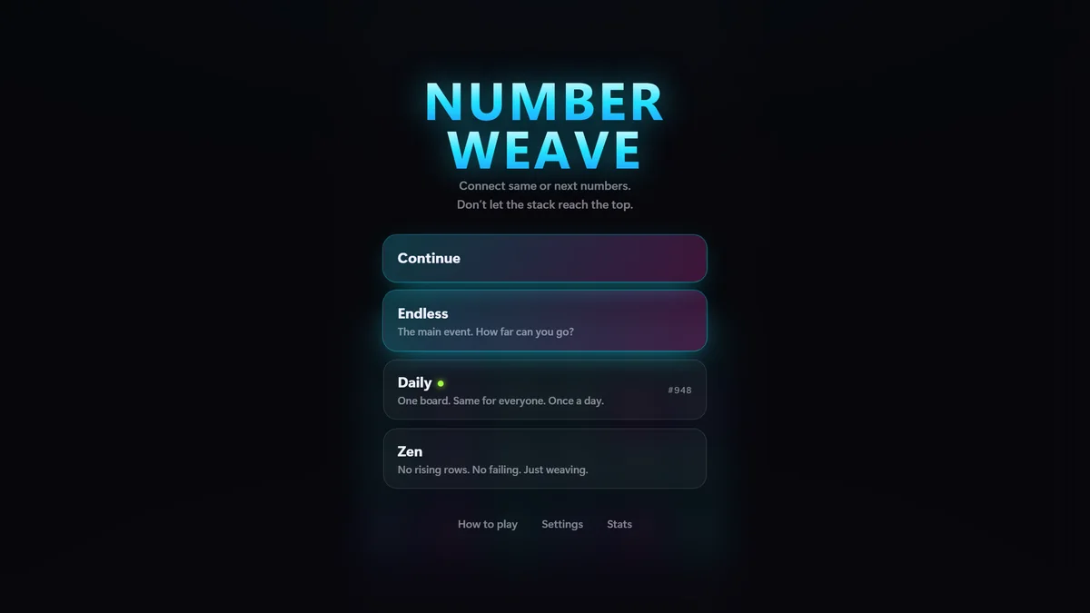 The Numberweave title screen in glowing cyan, with Continue, Endless, Daily and Zen game modes listed below.