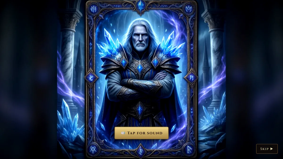 A fantasy trading card in an ornate blue frame: a white-haired sorcerer seated among glowing ice crystals.