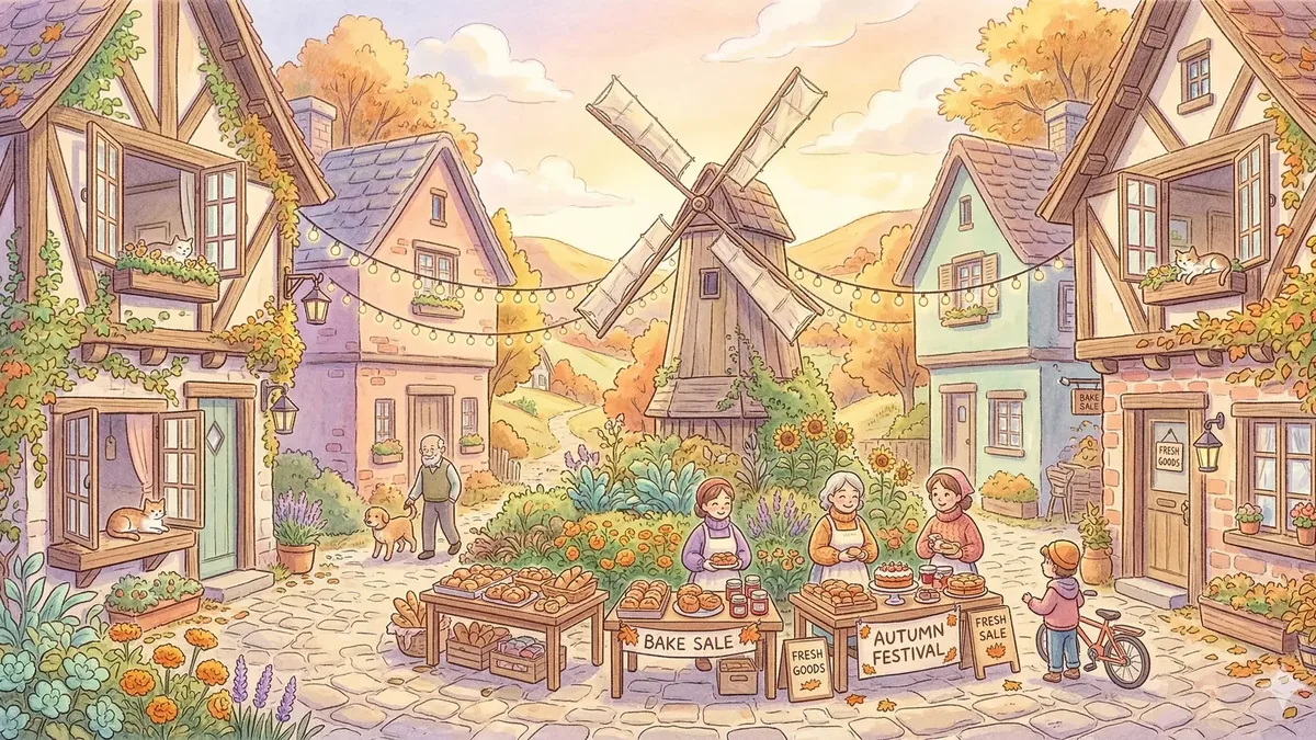 A storybook village of crooked cottages and a windmill in warm autumn light, with a market stall in the square.