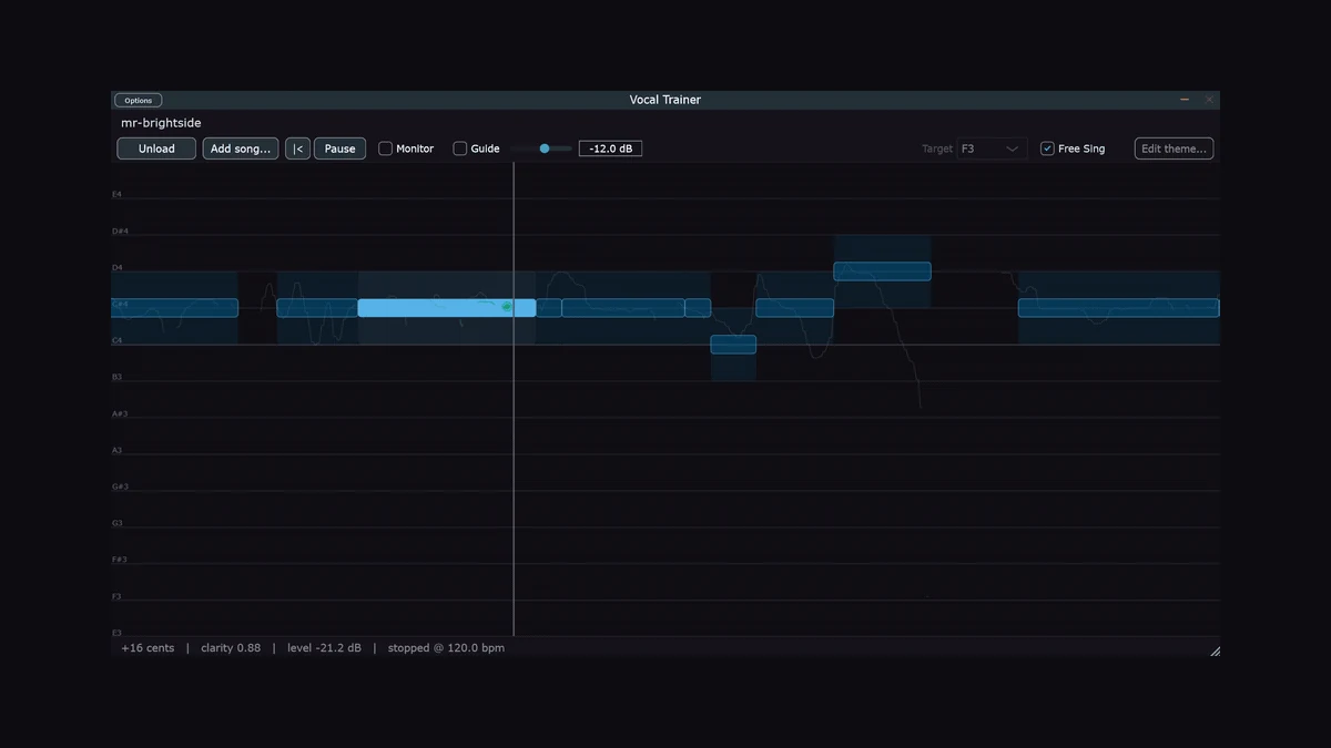 The Vocal Trainer note highway: blue target-note bars scrolling right to left on a dark grid, with the live sung pitch traced against them.
