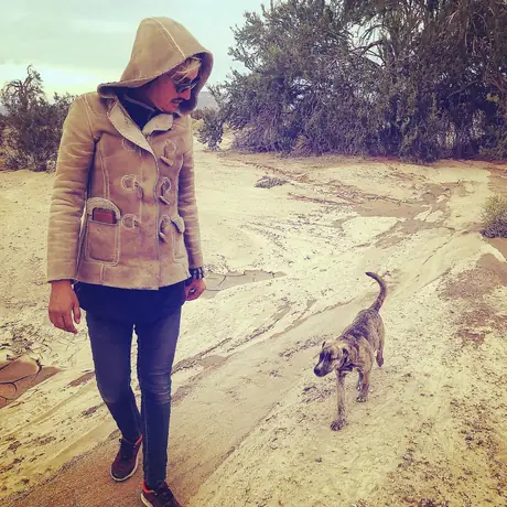 A hooded figure in a shearling coat walks a cracked desert wash, a brindle dog trotting alongside, bare scrub and pale sky.