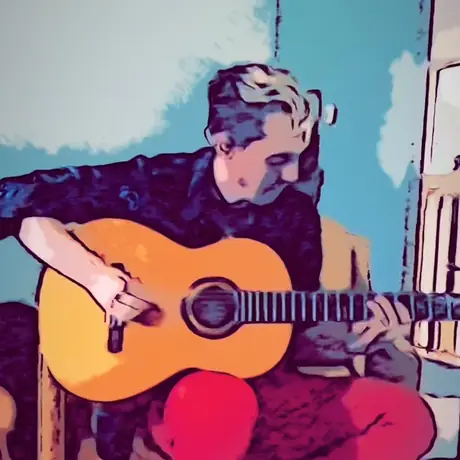A heavily posterised image of a seated guitarist in red trousers playing an acoustic guitar, reduced to flat blocks of colour.